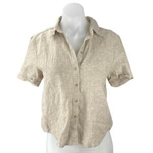 Monki Women's Cream Beige Linen Short Sleeve Button Down Cropped Shirt Size XS